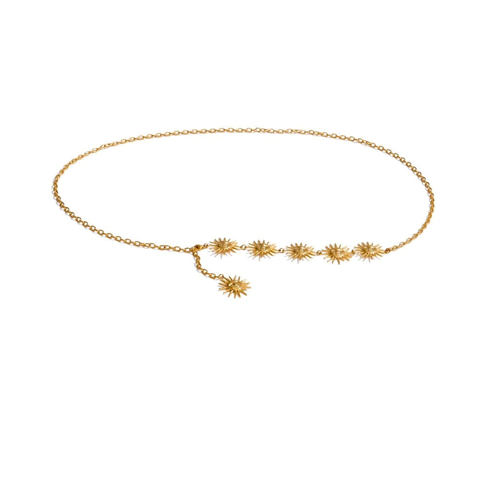 Gold-plated sun charm chain necklace worn as a single statement layer