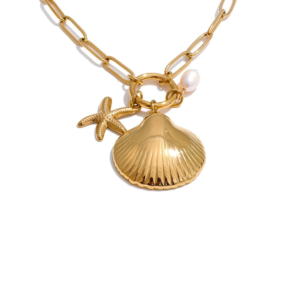 Gold-plated necklace with a freshwater pearl and shell pendant, an under-$50 jewelry gift pick