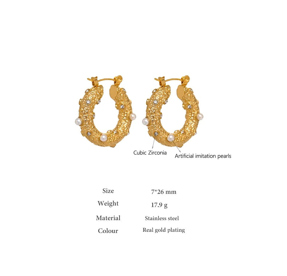 Cubic Zirconia Pearl Geometric Earrings — Gold-Plated Stainless Steel with Pearl and Cubic Zirconia · PS1627