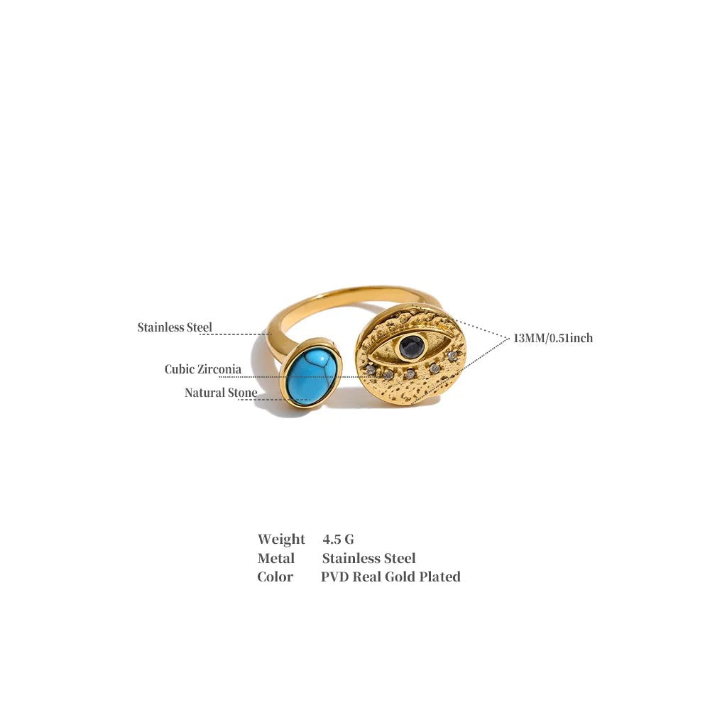 Cubic zirconia natural stone geometric ring in 18K gold-plated stainless steel with cubic zirconia and natural stone.