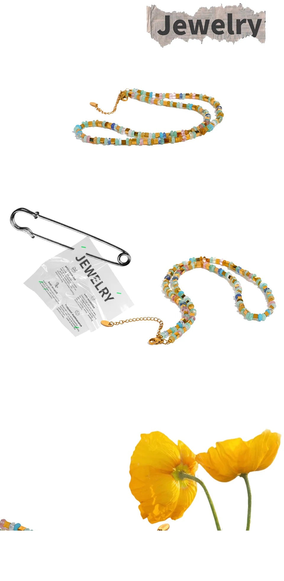 Natural stone beaded geometric necklace in gold-plated stainless steel with natural stone.