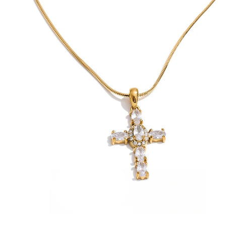 Gold-plated stainless steel cross necklace with cubic zirconia stones.