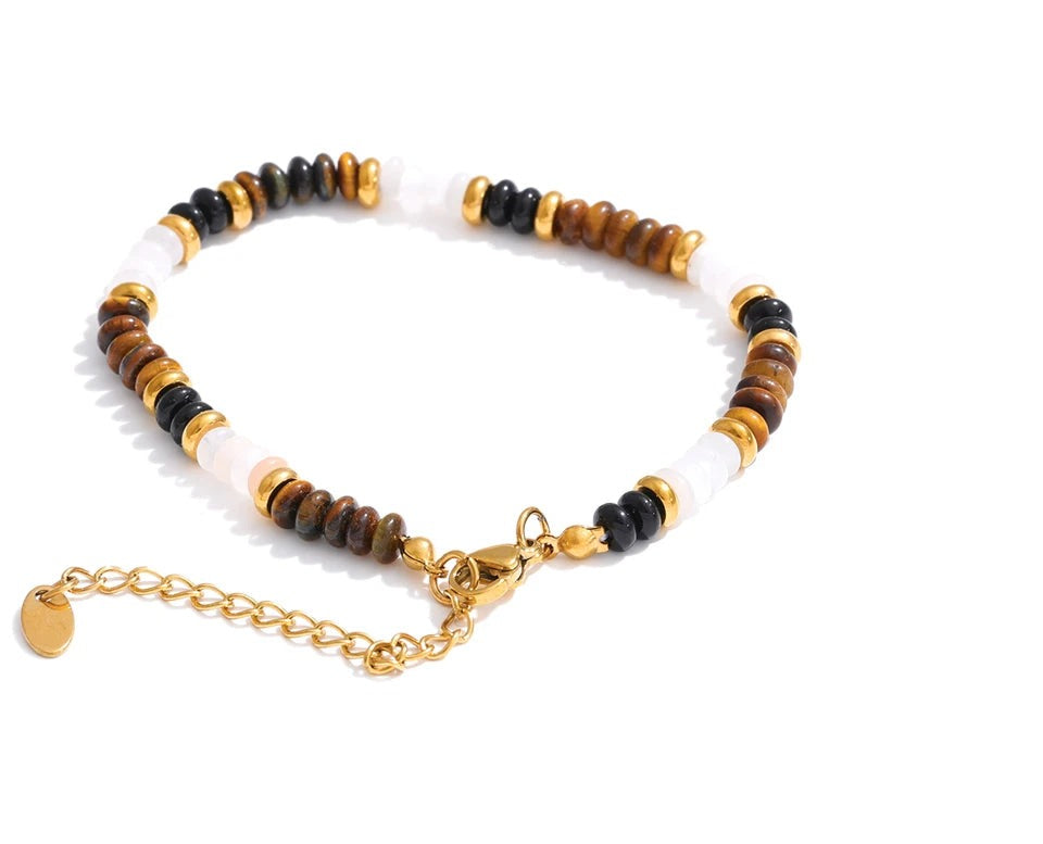 Natural Stone Beaded Geometric Bracelet — Gold-Plated Stainless Steel with Natural Stone · PS1094