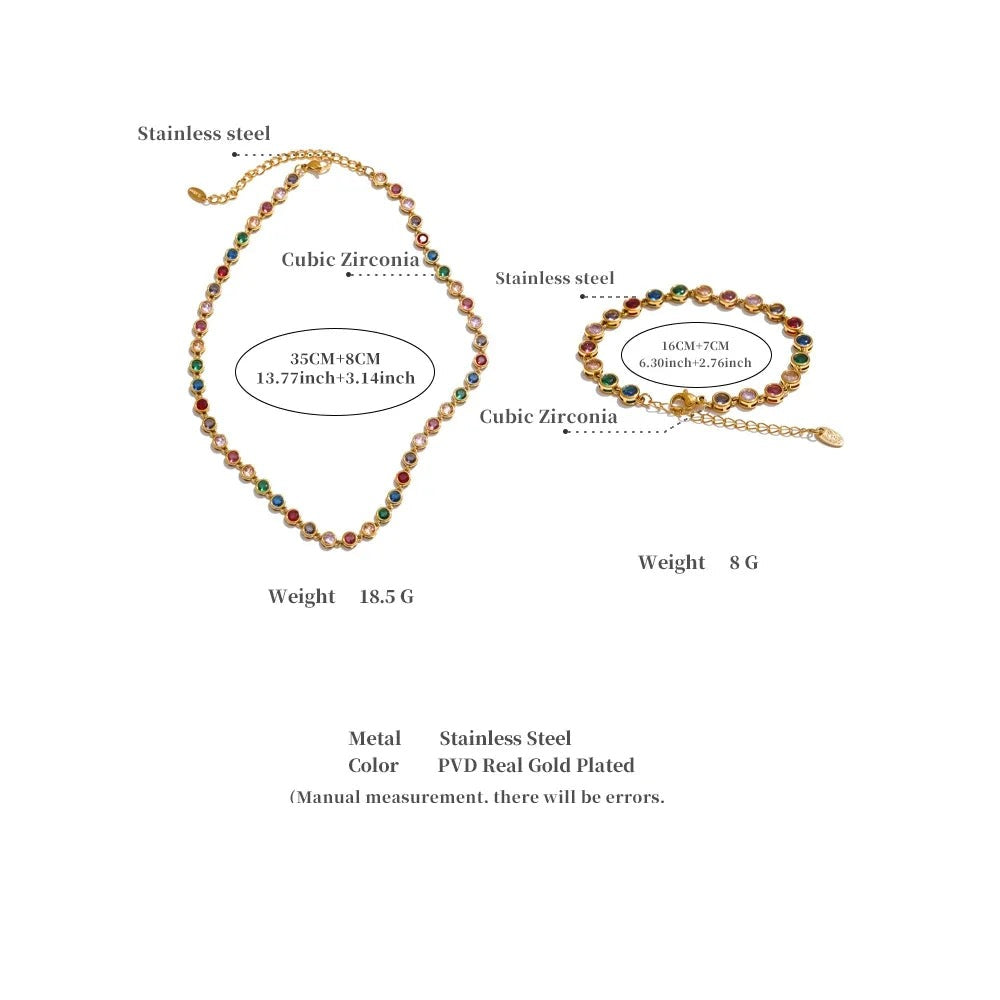 Cubic zirconia multi-color geometric necklace in gold-plated stainless steel with cubic zirconia.
