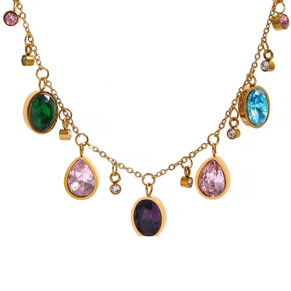 Gold-plated necklace with cubic zirconia stones in a variety of colors.