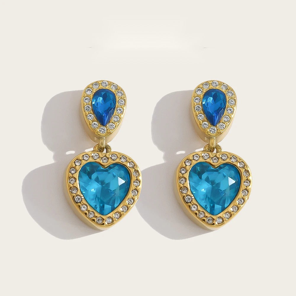 Drop Earrings Vintage Blue Crystal Heart — 316L Stainless Steel · PS466