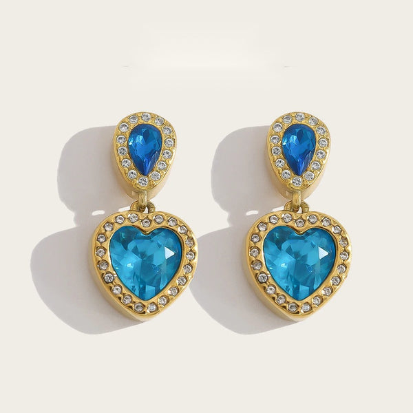 Drop Earrings Vintage Blue Crystal Heart — 316L Stainless Steel · PS466