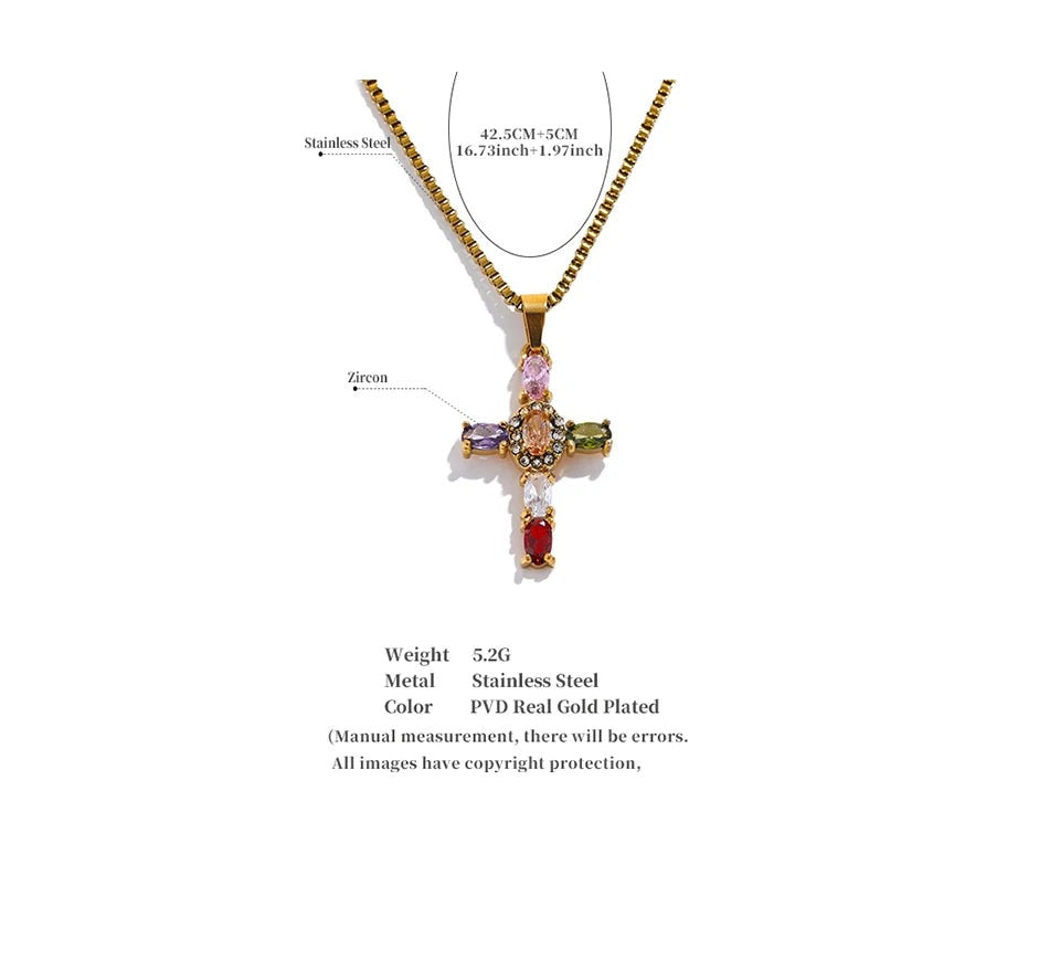 Cubic zirconia cross multi-color necklace in gold-plated stainless steel with cubic zirconia.