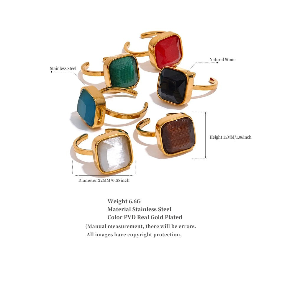 Natural stone multi-color geometric ring in 18K gold-plated stainless steel with natural stone.