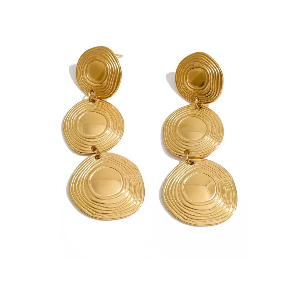Gold-plated stainless steel earrings with circular designs.