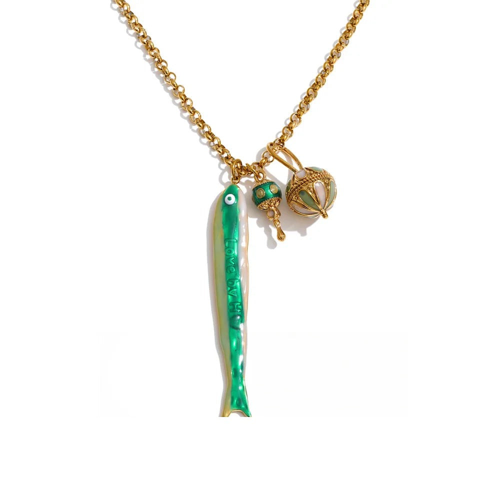 Gold-plated stainless steel necklace with enamel fish charm.