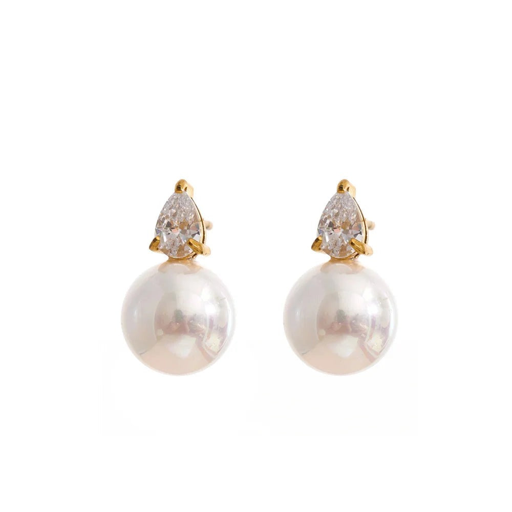 Cubic Zirconia Pearl Geometric Earrings — Gold-Plated Stainless Steel with Pearl and Cubic Zirconia · PS2093