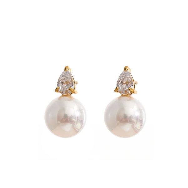 Cubic Zirconia Pearl Geometric Earrings — Gold-Plated Stainless Steel with Pearl and Cubic Zirconia · PS2093