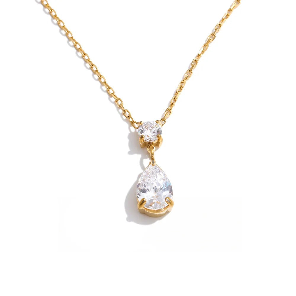 Gold-plated stainless steel necklace with cubic zirconia teardrop pendant.