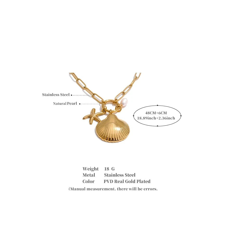 Freshwater Pearl Shell Star Necklace — Gold-Plated Stainless Steel with Freshwater Pearl and Shell · PS2305