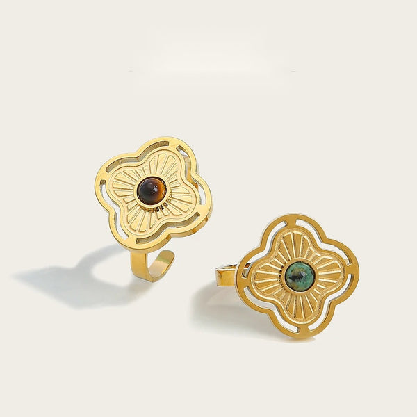 Ring Natural Stone Inlaid In Metal Texture Flowers — 316L Stainless Steel · PS461