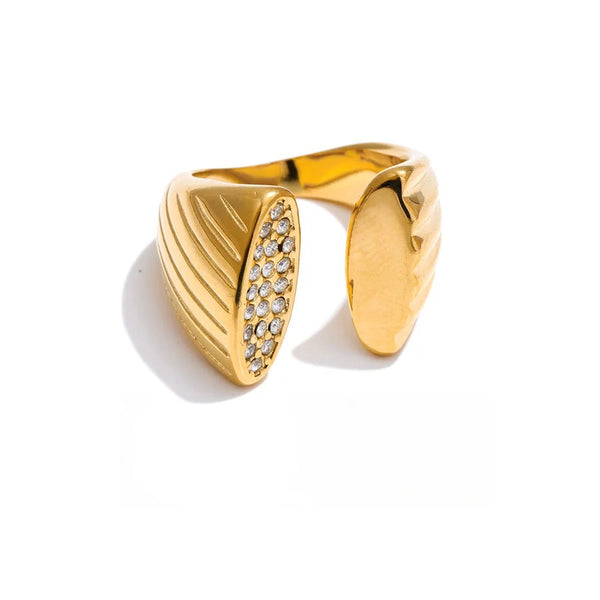 Gold-plated stainless steel ring with cubic zirconia accents.