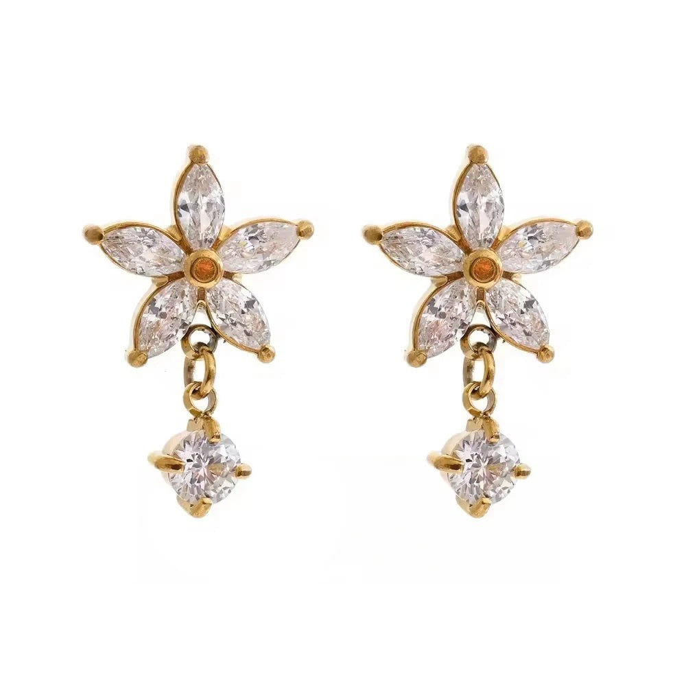 Cubic Zirconia Flower Earrings — Gold-Plated Stainless Steel with Cubic Zirconia · PS932