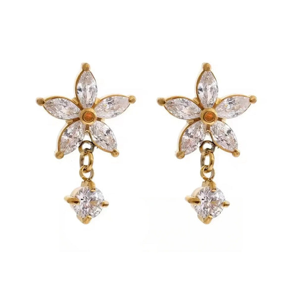 Cubic Zirconia Flower Earrings — Gold-Plated Stainless Steel with Cubic Zirconia · PS932