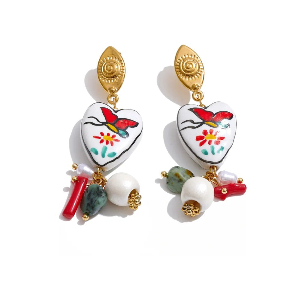 Gold-plated stainless steel earrings with pearl and natural stone accents.