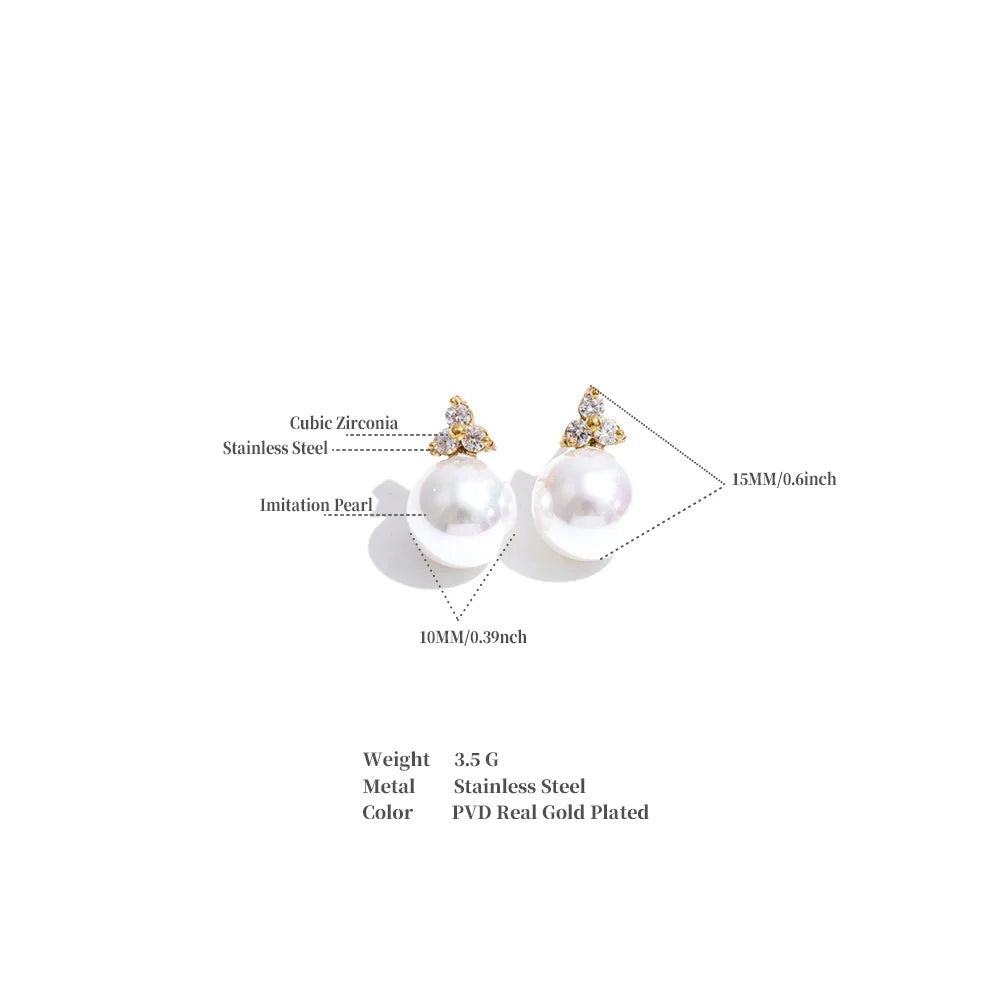 Cubic Zirconia Pearl Geometric Earrings — Gold-Plated Stainless Steel with Pearl and Cubic Zirconia · PS1862