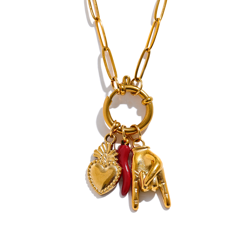 Gold-plated necklace with a keychain pendant featuring a heart, pineapple, and a red shoe charm.