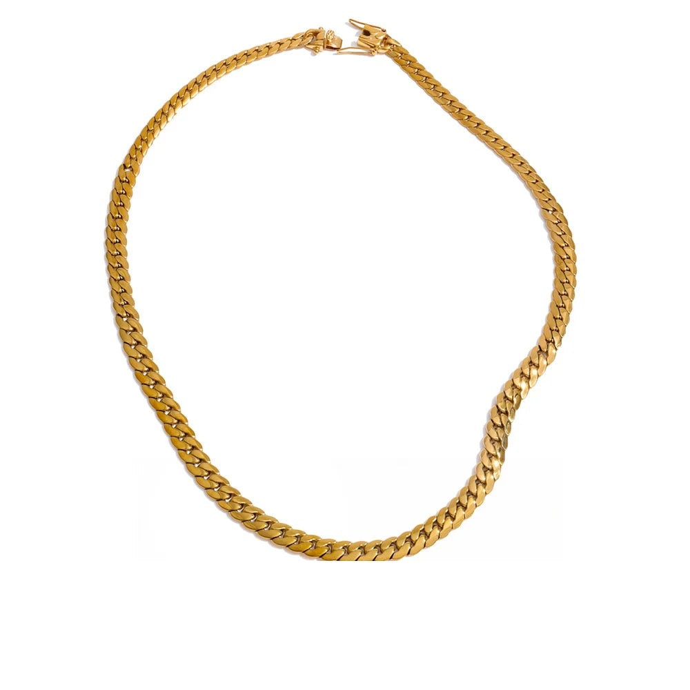 Gold-plated chain necklace with a large link pendant.