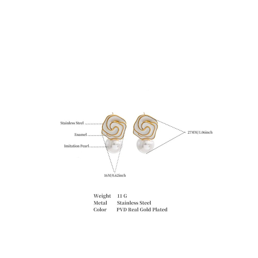 White pearl enamel earrings in gold-plated stainless steel with pearl and enamel.