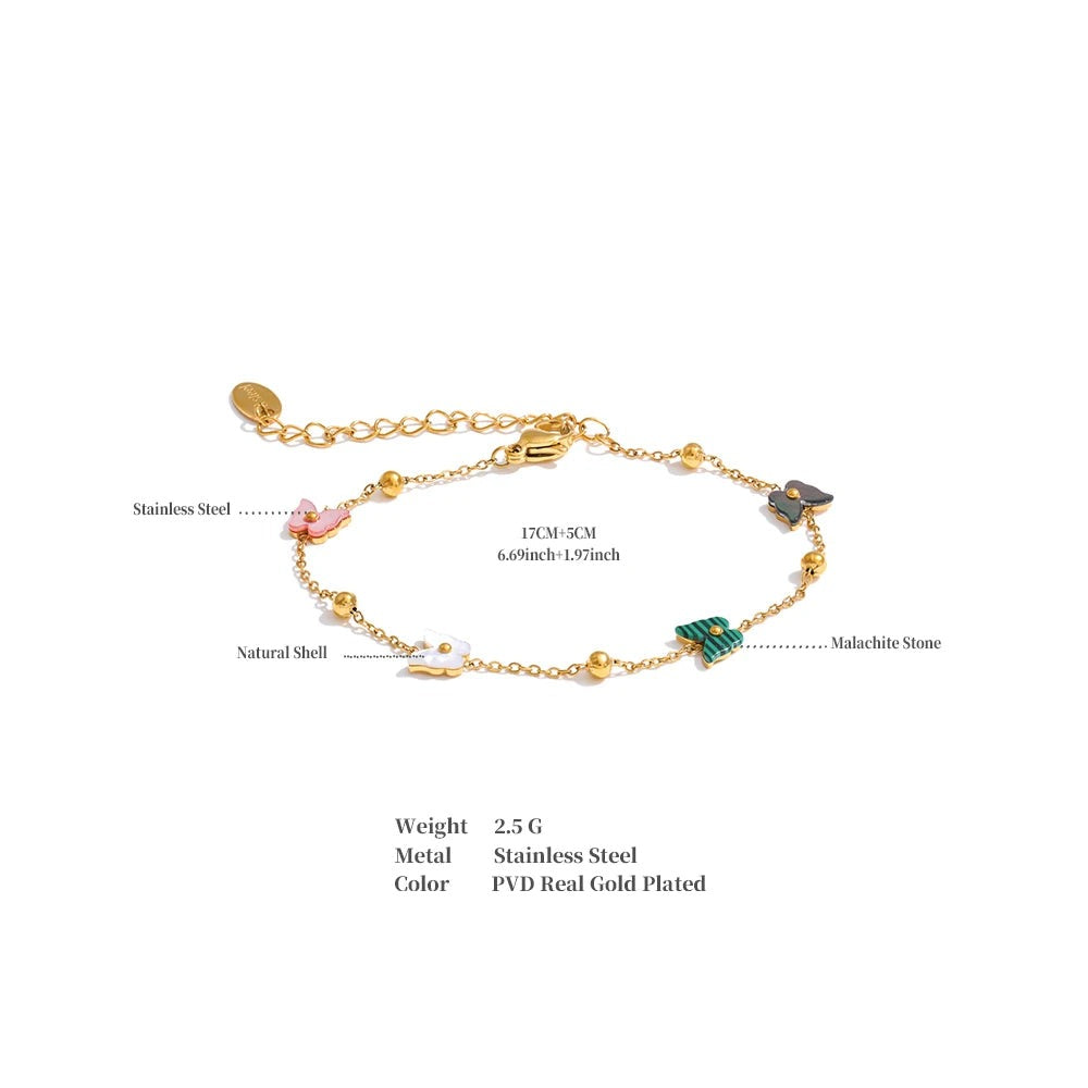 Shell Natural Stone Butterfly Bracelet — Gold-Plated Stainless Steel with Natural Stone and Shell · PS1015