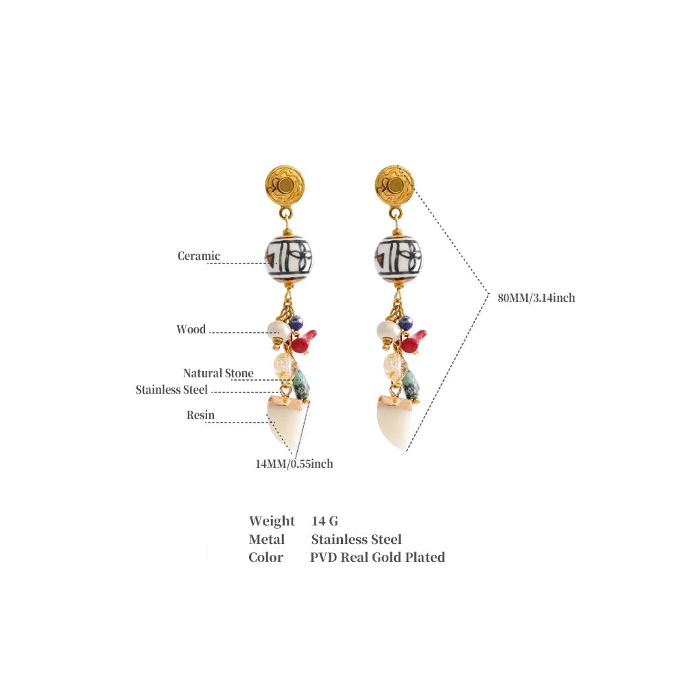 Resin natural stone geometric earrings in gold-plated stainless steel with natural stone and resin.