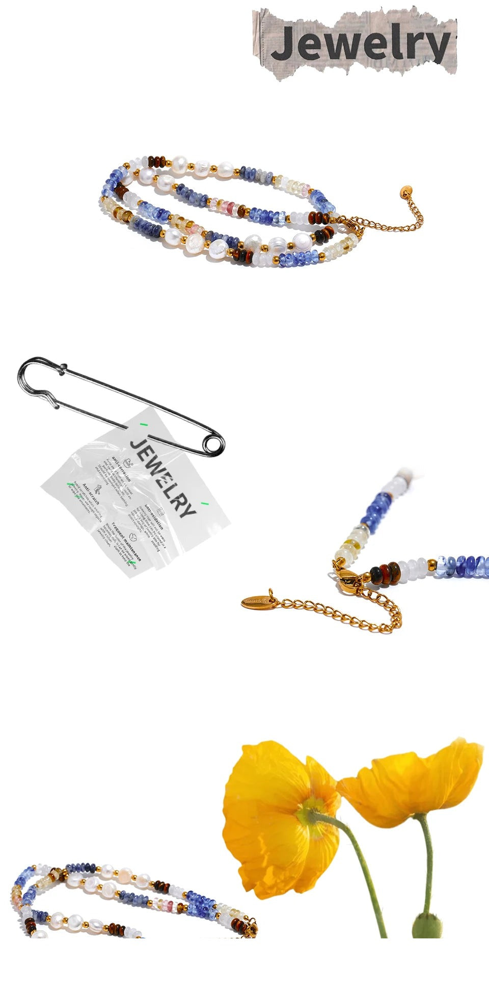 Freshwater pearl natural stone beaded necklace in gold-plated stainless steel with freshwater pearl and natural stone.