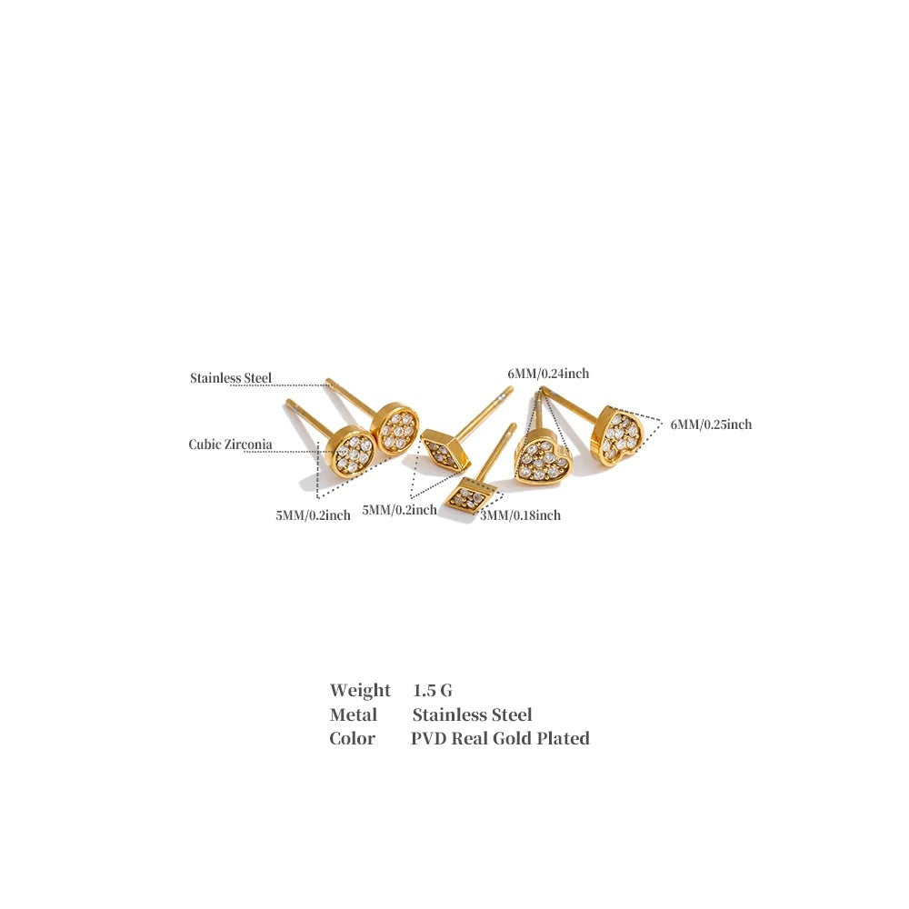 Cubic Zirconia Heart Geometric Earrings — Gold-Plated Stainless Steel with Cubic Zirconia · PS1106
