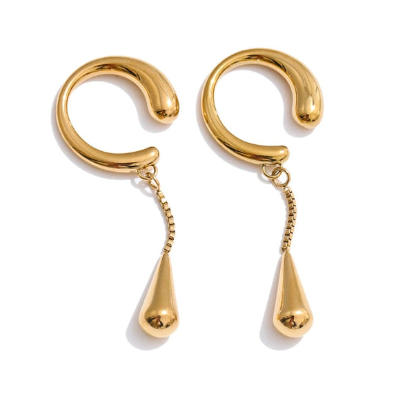 Gold-plated stainless steel earrings with a drop design featuring two dangling spheres.