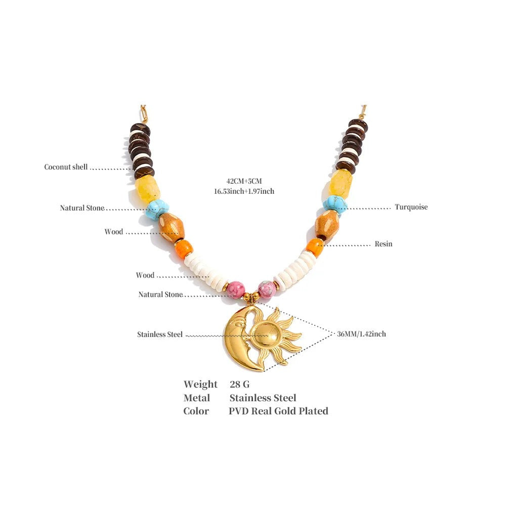 Resin natural stone moon necklace in gold-plated stainless steel with natural stone and resin.