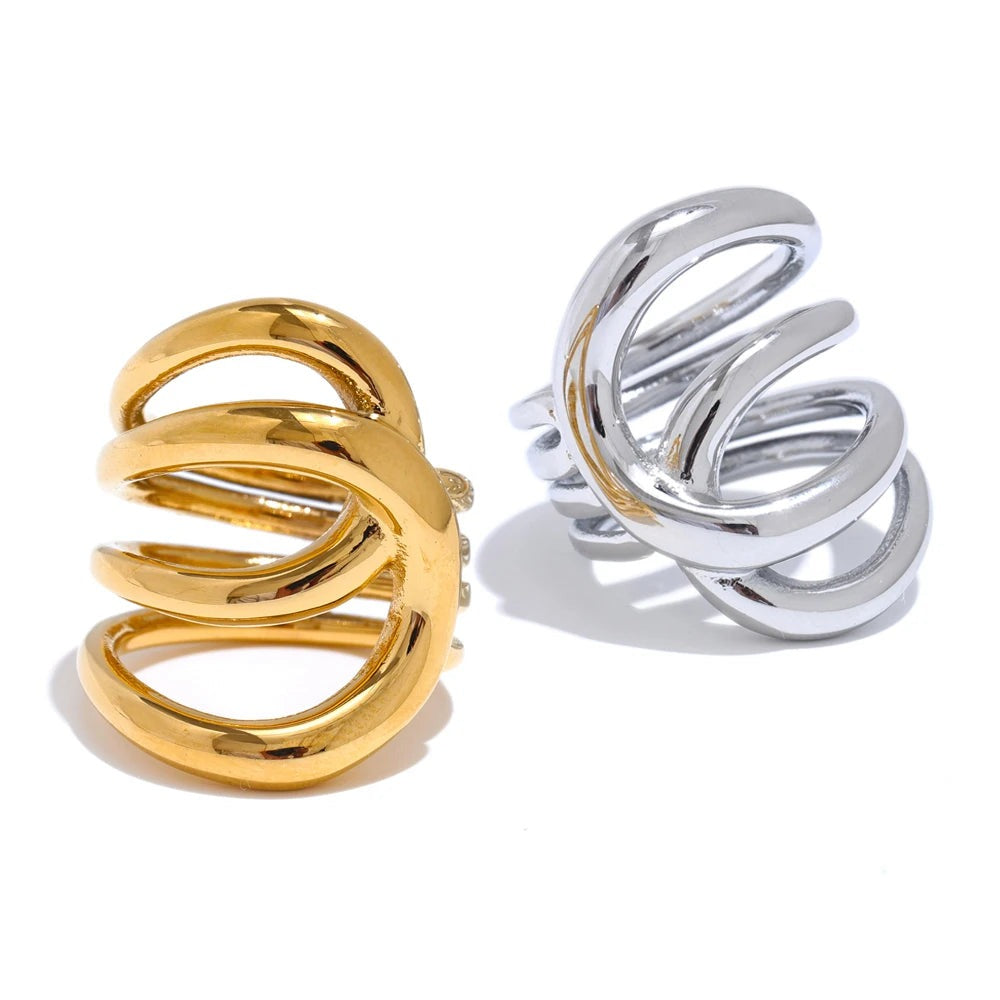 Gold-plated stainless steel ring with large, twisted hoops.