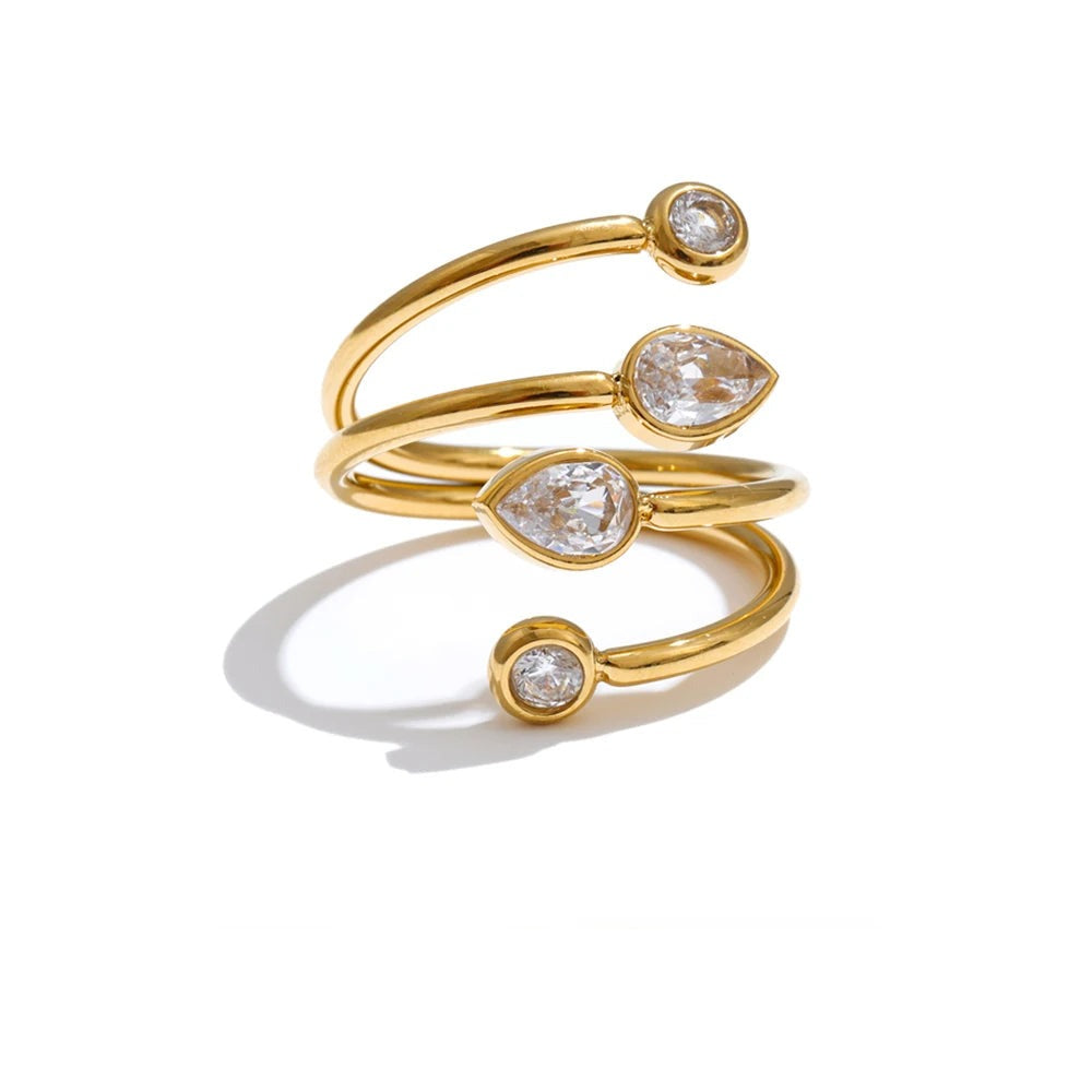 Gold-plated stainless steel ring with cubic zirconia stones.