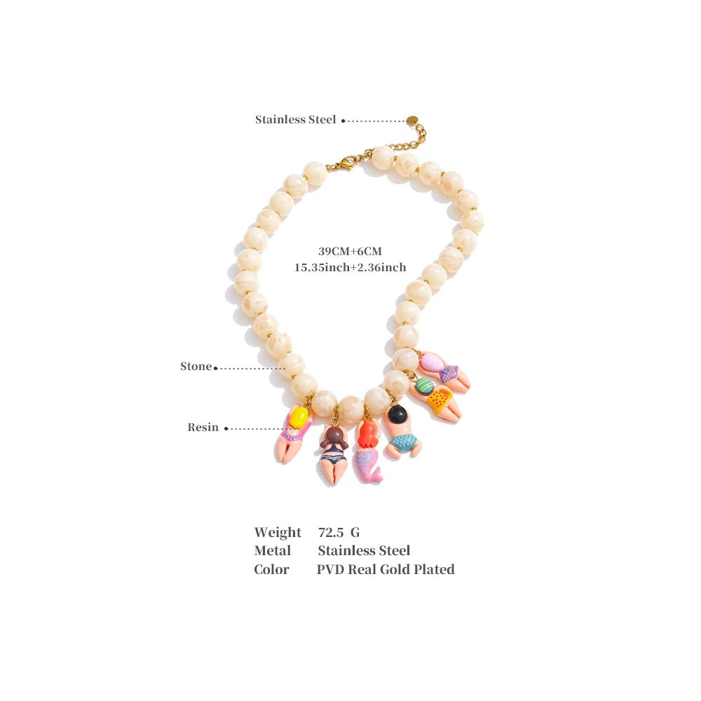 Resin glass natural stone necklace in gold-plated stainless steel with natural stone and resin.