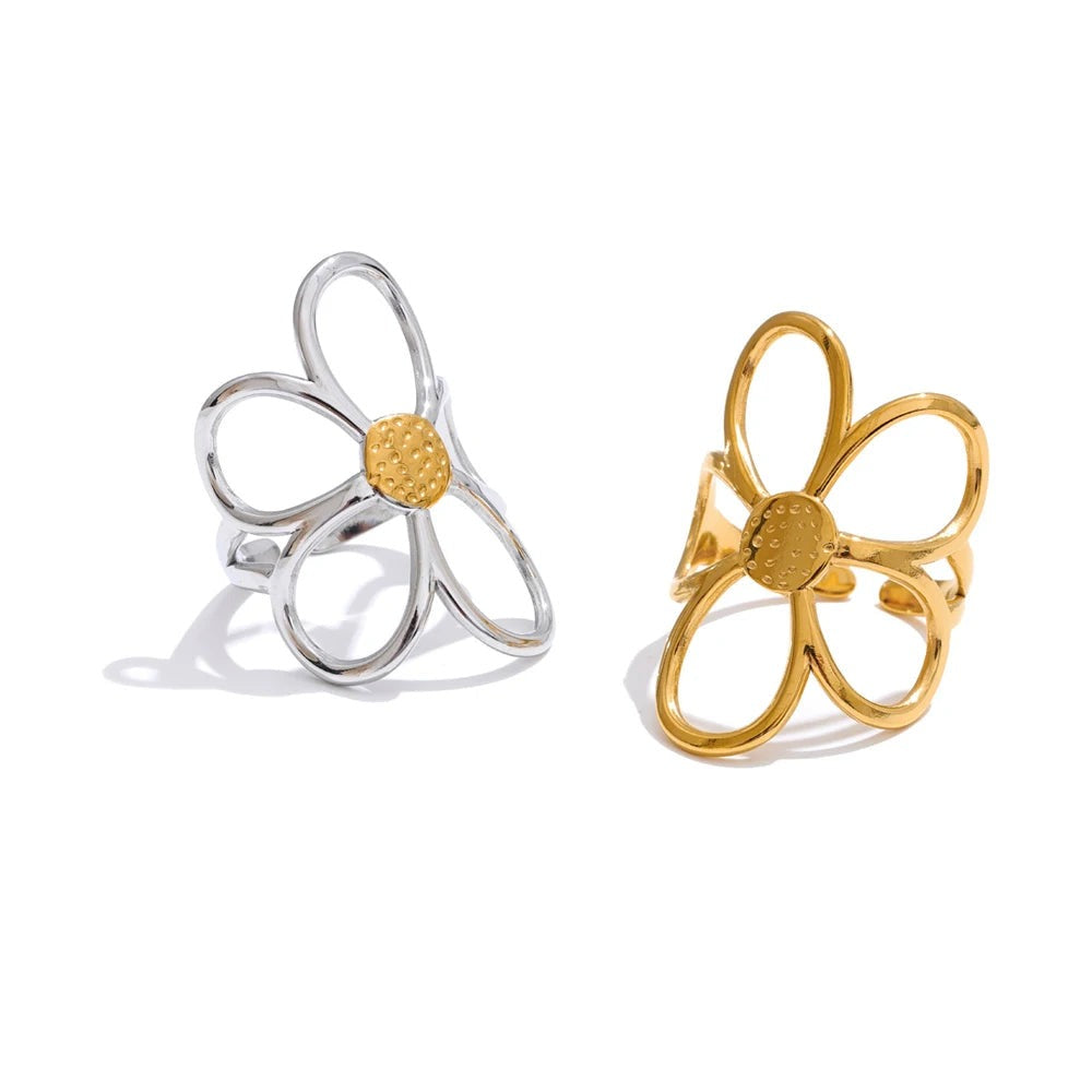 Gold-plated stainless steel ring with a flower design.
