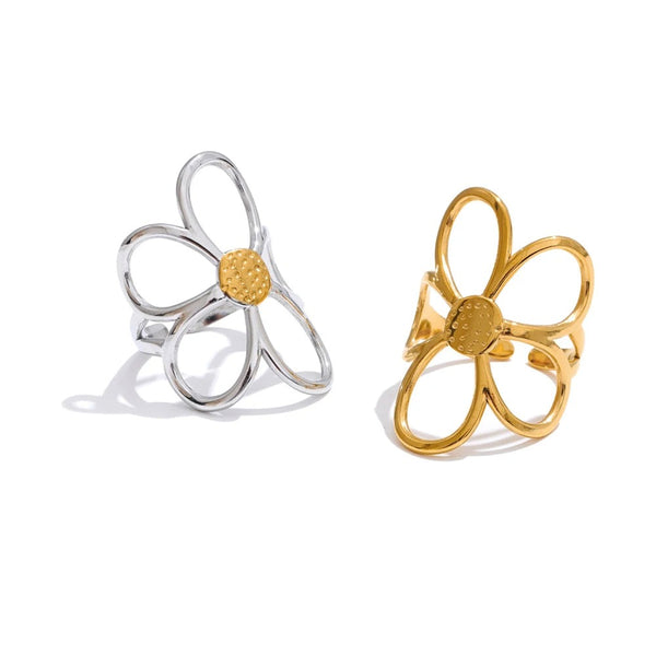Gold-plated stainless steel ring with a flower design.