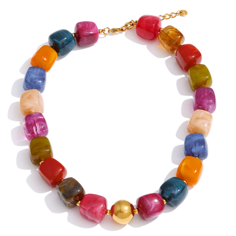 Acrylic Beaded Geometric Necklace — Gold-Plated Stainless Steel with Acrylic · PS2198