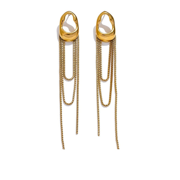 Gold-plated earrings with long chains.
