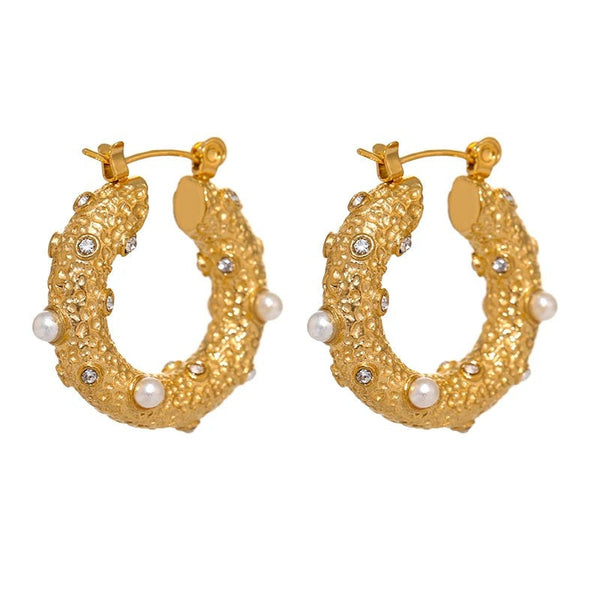 Cubic Zirconia Pearl Geometric Earrings — Gold-Plated Stainless Steel with Pearl and Cubic Zirconia · PS1627