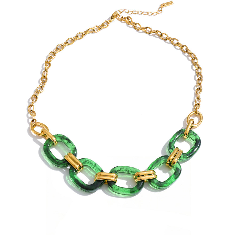Gold-plated stainless steel necklace with resin beads featuring a green chain link design.