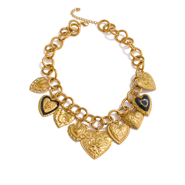 Gold-plated stainless steel necklace with heart-shaped charms.
