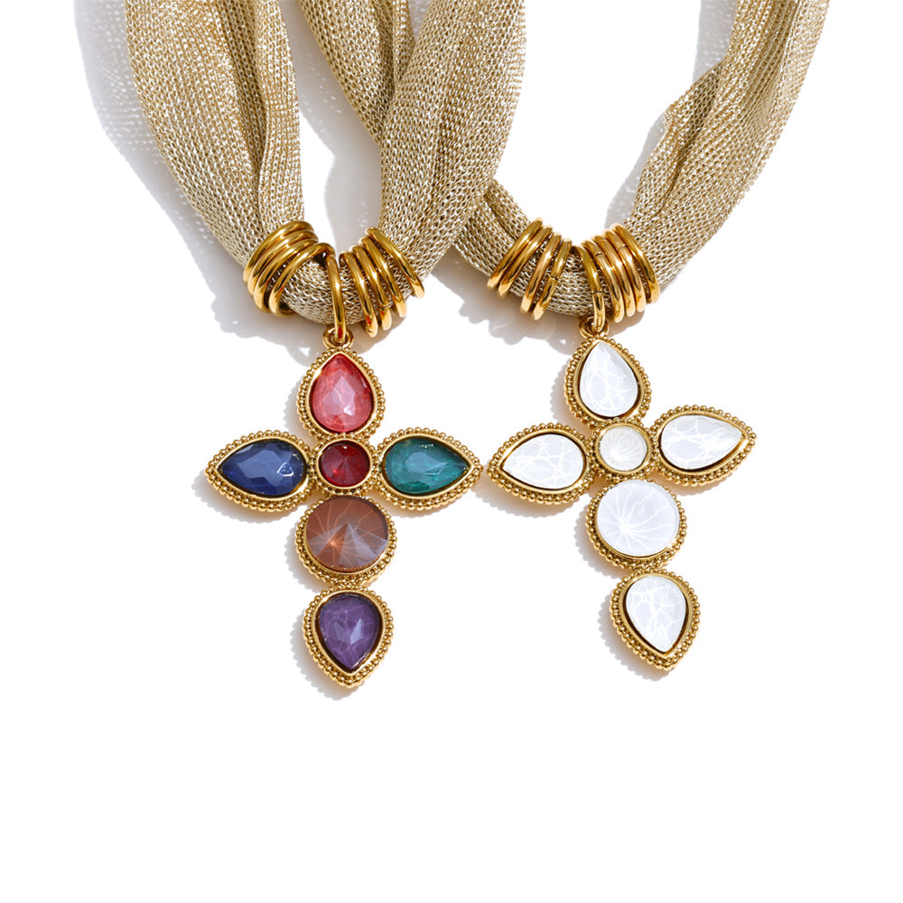 Gold-plated stainless steel necklace with a cross pendant featuring multicolored stones.