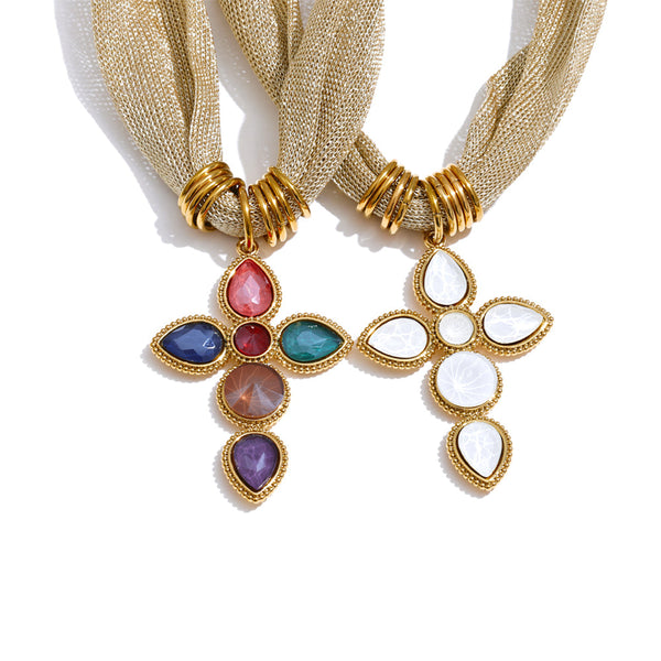 Gold-plated stainless steel necklace with a cross pendant featuring multicolored stones.