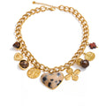 Gold-plated stainless steel necklace with resin, featuring a large heart pendant and various other pendants.