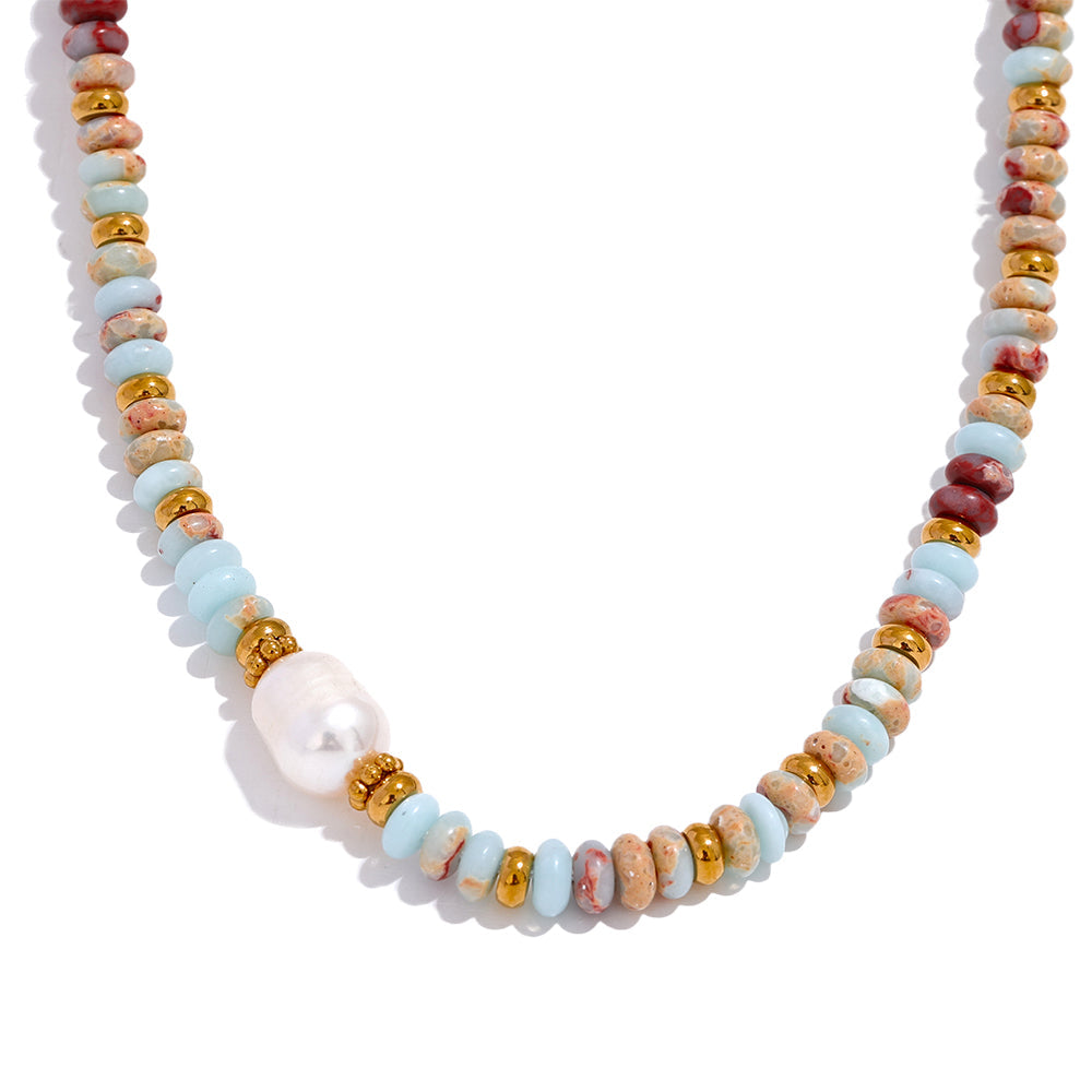 Gold-plated stainless steel necklace with freshwater pearl and natural stone beads.