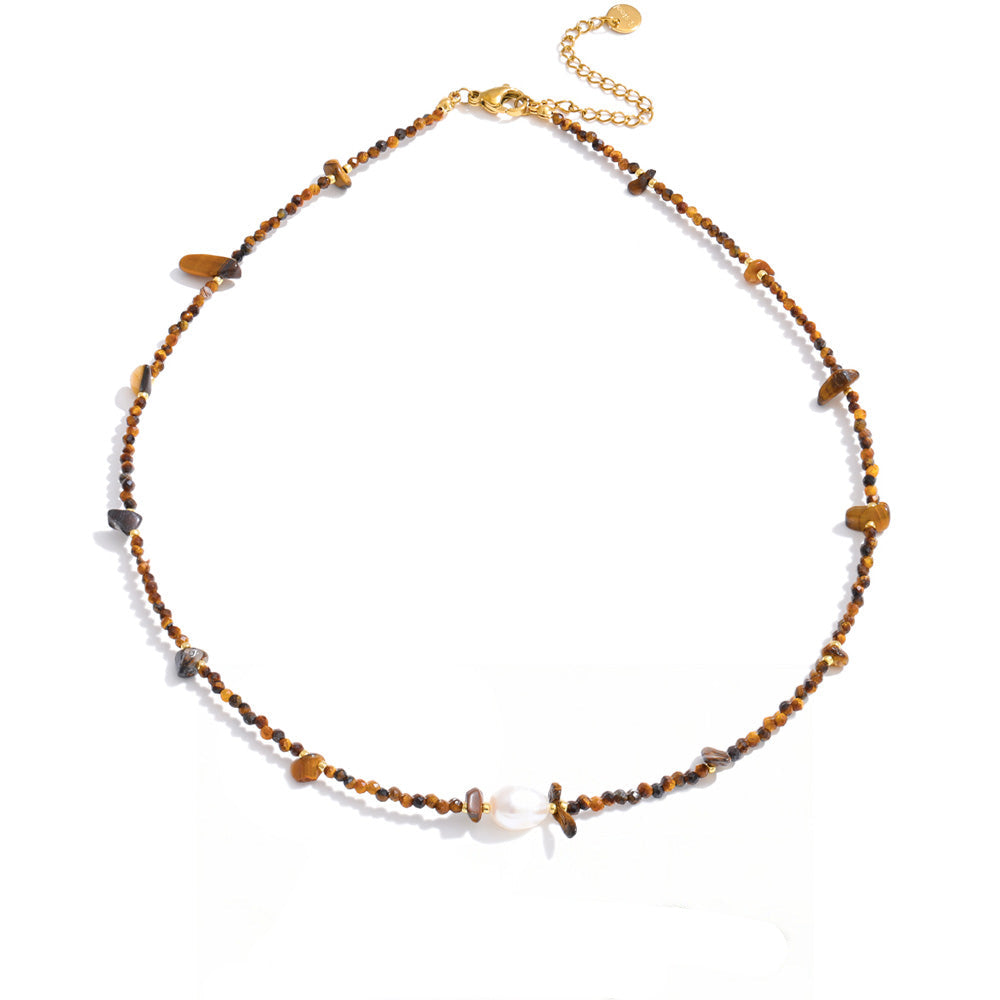 Gold-plated stainless steel necklace with freshwater pearl and natural stone beads.