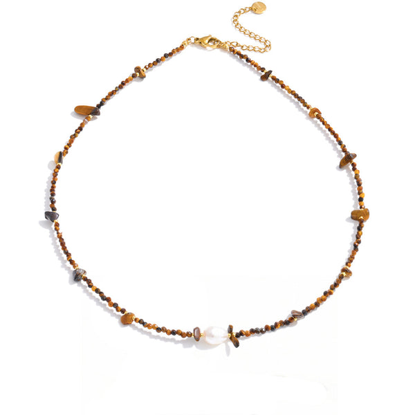 Gold-plated stainless steel necklace with freshwater pearl and natural stone beads.